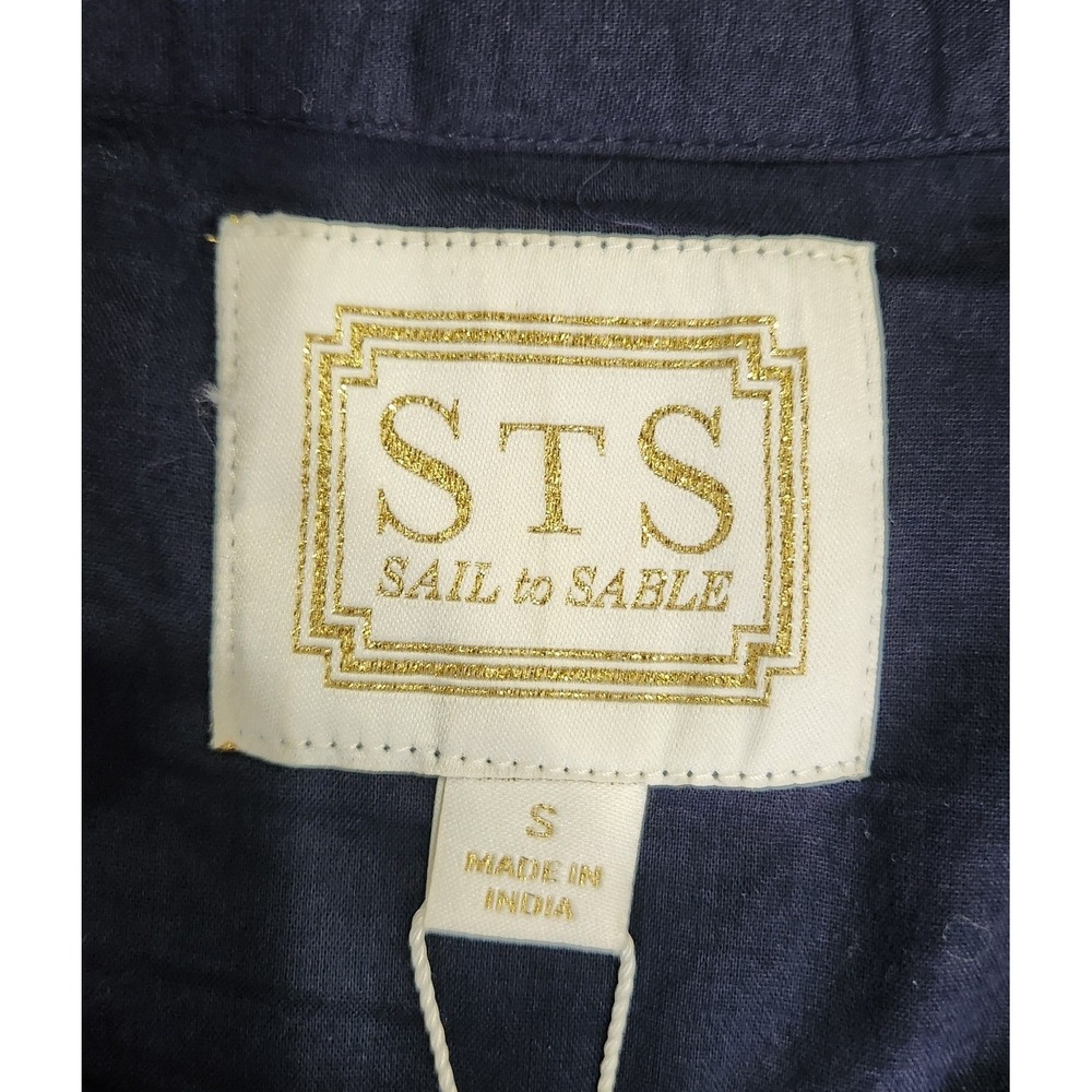 Sail to Sable Navy Blue Mint Green Embroidered Cotton Tunic Ruffle Dress Small - Picture 6 of 6